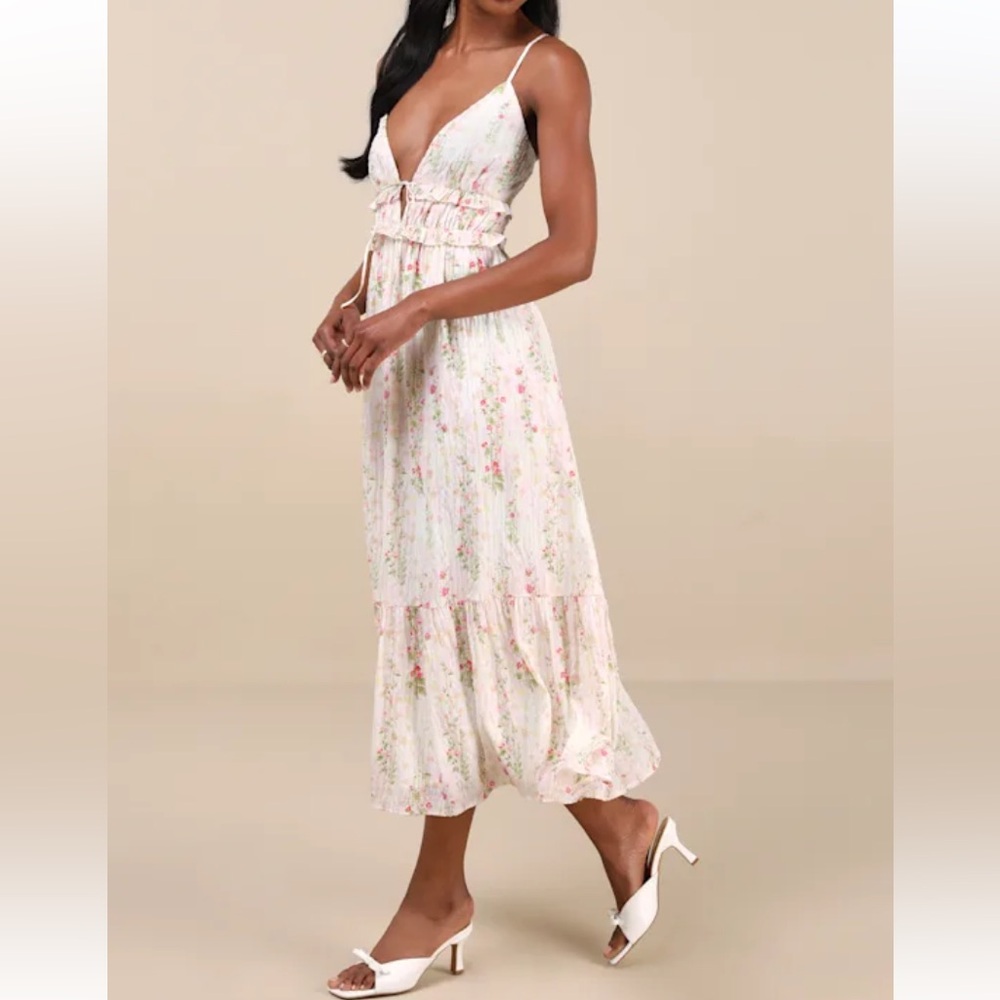 Lulus Sandi Ivory Multi Floral Tie-Front Midi Dress New with tags size Medium - Picture 3 of 11